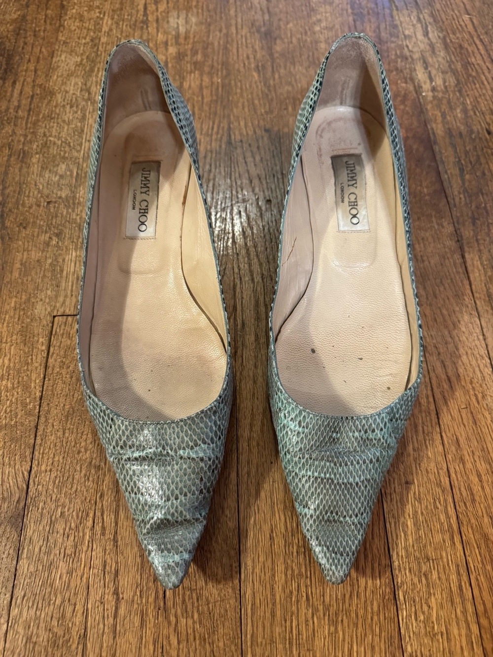Jimmy Choo Turquoise Snakeskin Pointed Toe Kitten Heels - size 40